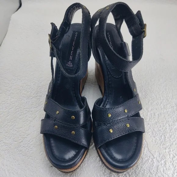 Steve Madden Wood Platform Wedge Heels Leather Ankle Strap Open Toe Sz 7 #224 - Picture 3 of 13